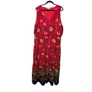 Just Found Floral Maxi Dress Womens Plus 3X Red Drawstring Waist Flowy Boho 90s